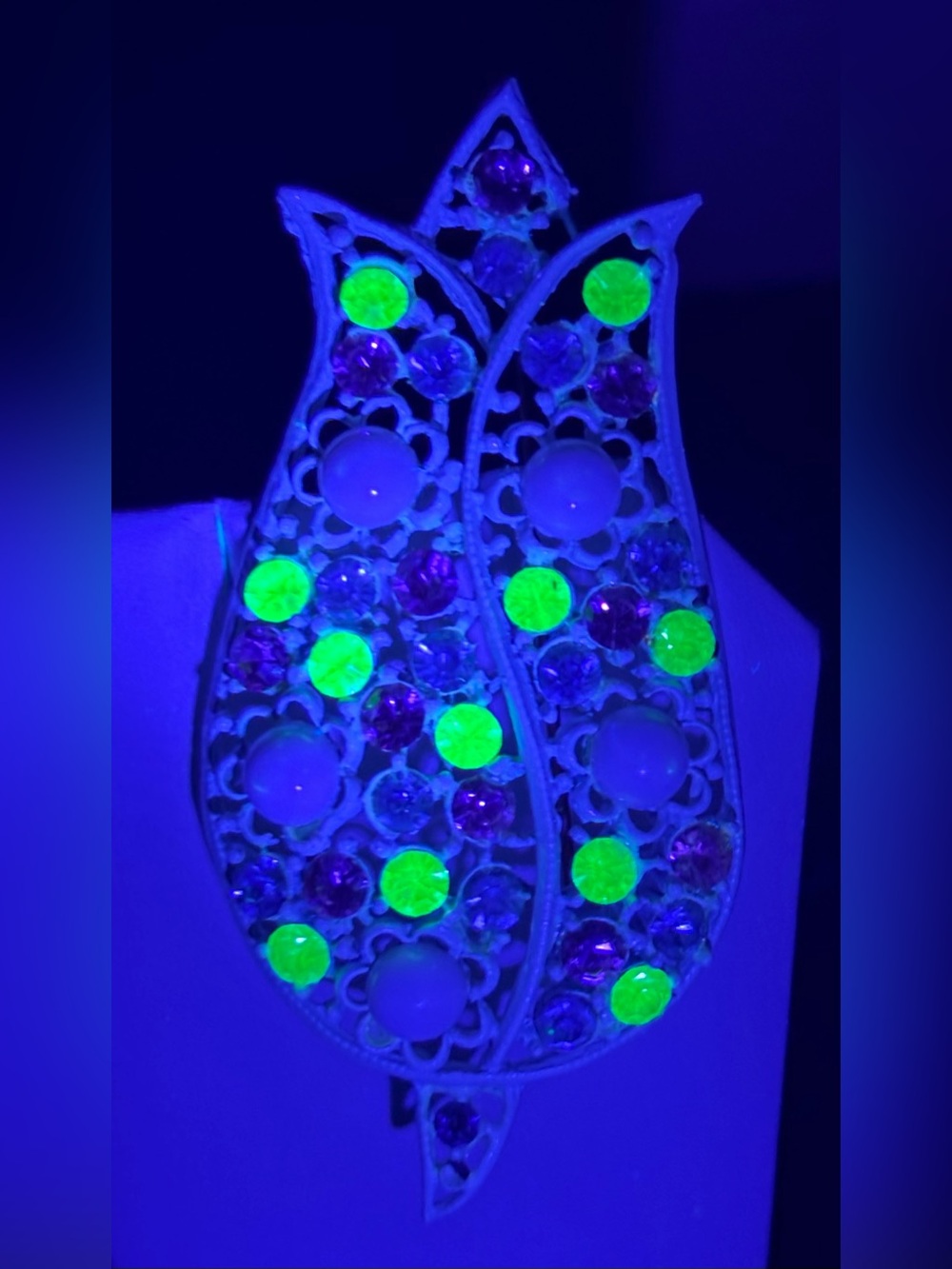 Vintage Uranium Glass Rhinestone Tulip Brooch UV Reactive Statement Pin